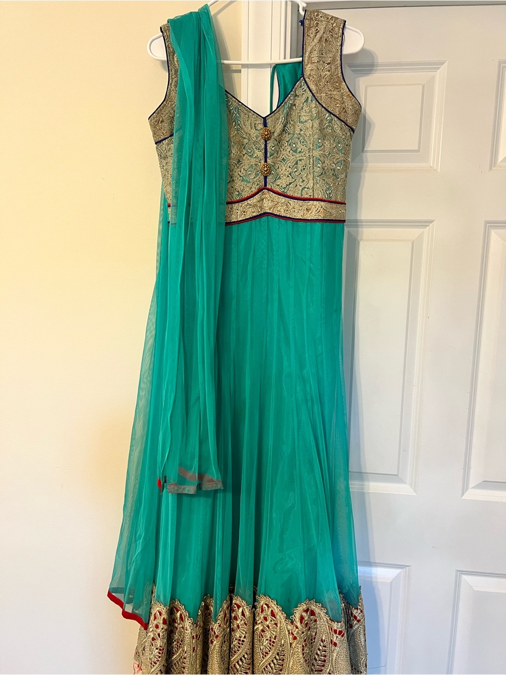 Teal & Gold Embroidered Anarkali Dress with Dupatta